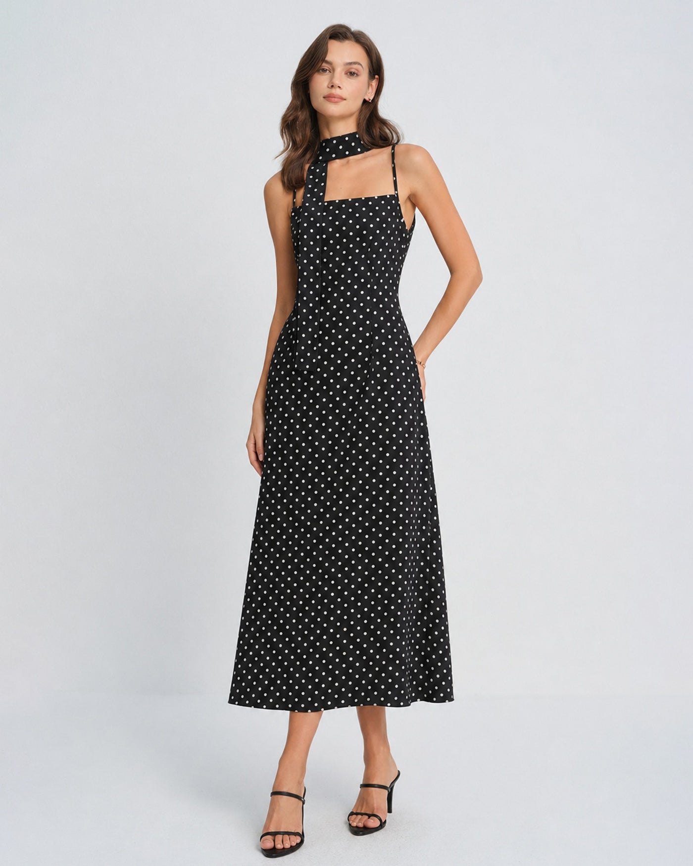 Black Polka Dot Cowl Neck Slip Maxi Dress