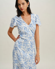 Blue Floral V Neck Button Maxi Dress