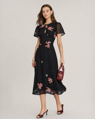 Black Cut Out Floral Midi Dress