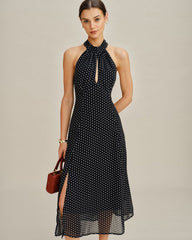 Black Polka Dot Halter Midi Dress