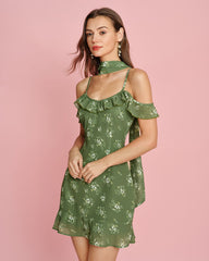 Green Floral Chiffon Slip Mini Dress