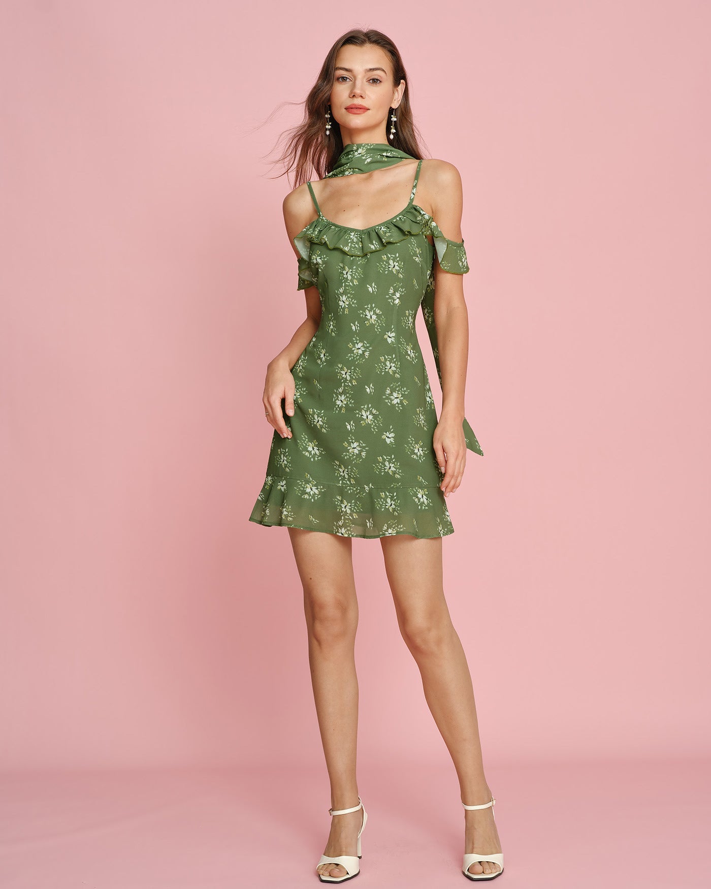 Green Floral Chiffon Slip Mini Dress
