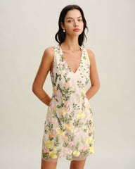 Yellow V Neck Floral Sleeveless Mini Dress