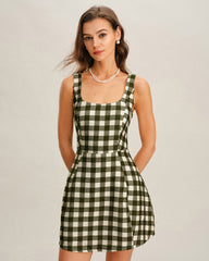 Green Plaid Sleeveless Mini Dress