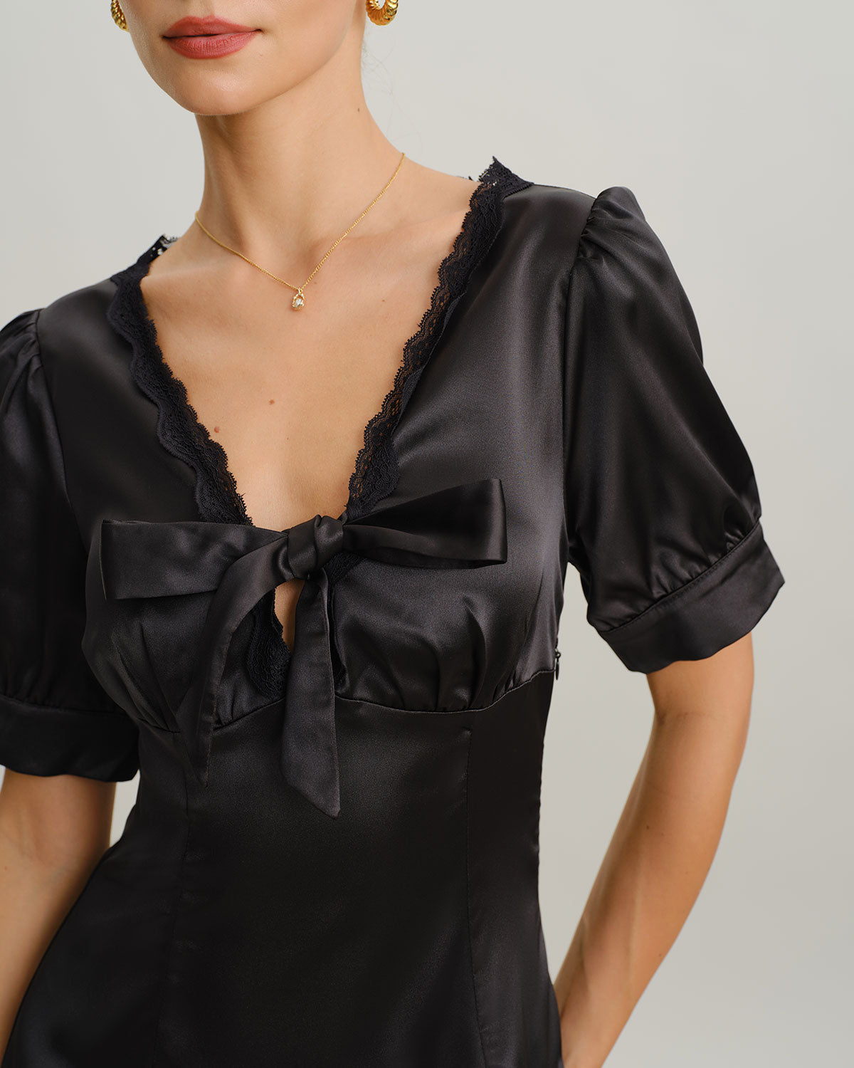 Black V Neck Satin Mini Dress